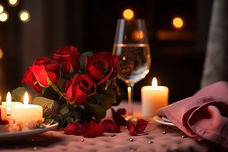 浪漫晚餐蜡烛红色玫瑰花图片