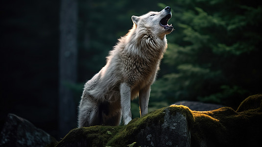 在黑暗森林中嚎叫的白狼图片