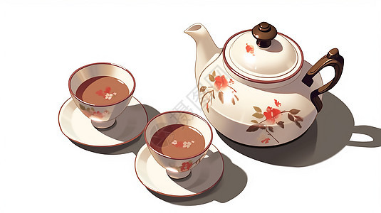 一个传统茶壶和两个杯子的俯视图图片