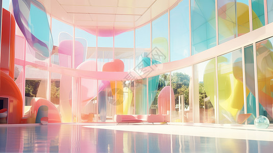 会议室空间超现实梦幻彩色玻璃展厅插画