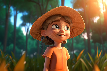 61儿童节戴草帽的超可爱抬头看风景的3D女孩插画