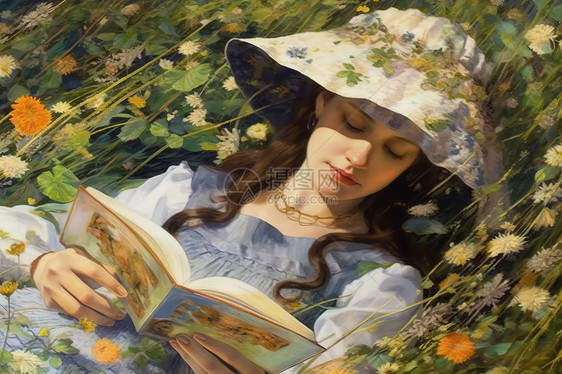 迷人的年轻女子躺在草地上看书图片