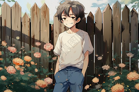 一个帅气男孩靠在篱笆上花朵动漫图片