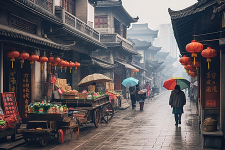 雨天建筑雨天的烟火古街插画