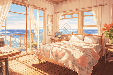 面朝大海春暖花开的卧室水彩插图图片