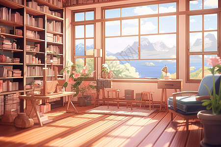 室内设计书架书房窗外美丽的风景插画图片