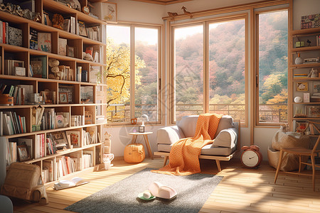 室内设计书房窗外美丽的风景插画图片