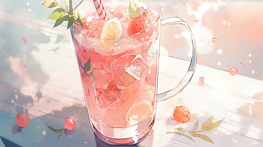 手绘夏日玻璃杯中的鸡尾酒饮料插画背景图片