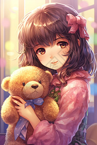 抱着毛绒玩具熊可爱的动漫女孩图片