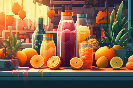 新鲜蔬菜促销海报橙色橙汁果汁海报风景插画