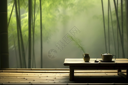 雾蒙蒙的竹林一壶清茶茶具茶杯图片
