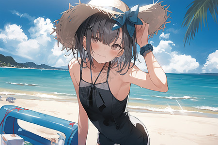 漂亮女孩在沙滩穿着泳衣漫画高清图片