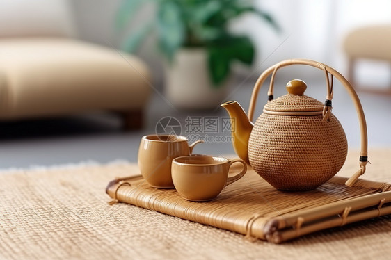 竹席上茶壶和杯子图片