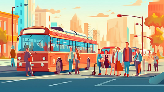 乘客与公交汽车插图高清图片