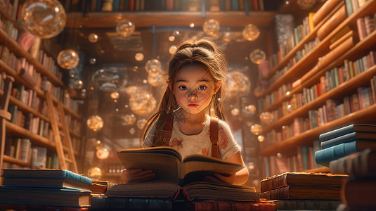 小女孩在书屋看书图片