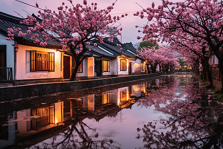 春天盛开的樱花雨后江南古镇图片