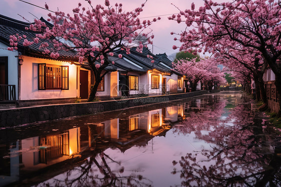 春天盛开的樱花雨后江南古镇图片