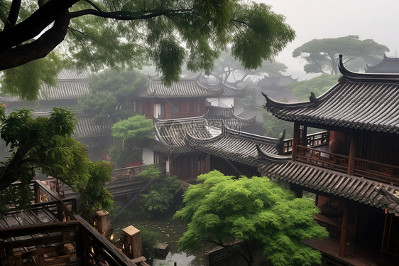 江南烟雨屋檐雨天屋顶图片