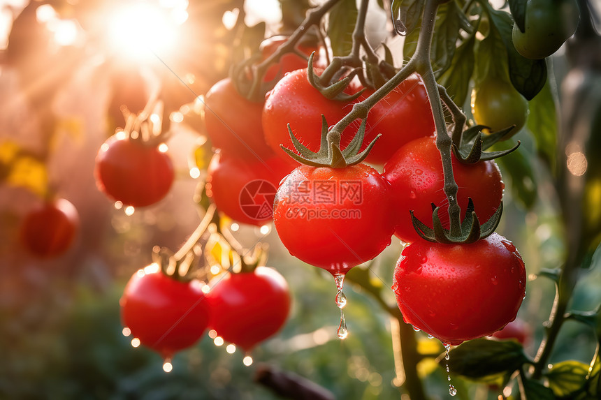 菜园里新鲜的西红柿水珠图片