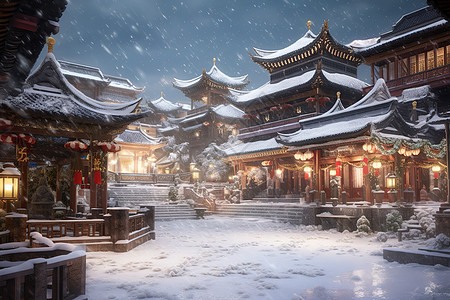 冬季大雪纷飞古镇中国古建筑图片