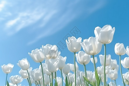 蓝天下纯白的郁金香花朵图片