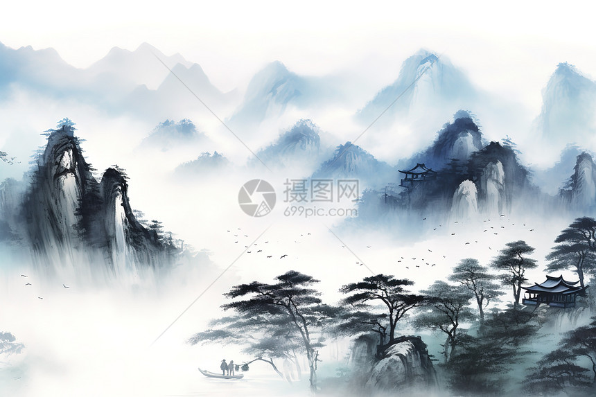 泰山的壮丽景色中国传统水墨山水画图片