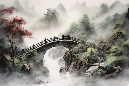 群山苍翠古老石阶小桥水彩画图片