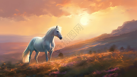日落山顶上的美丽白马插图图片