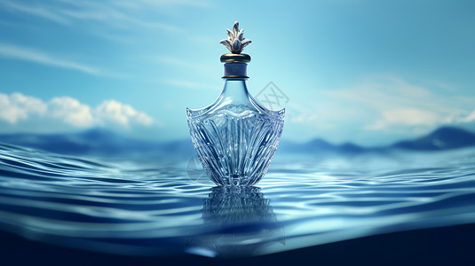欧式复古透明玻璃香水瓶放在蓝色广阔水面上图片
