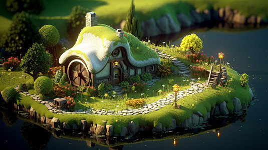 在河边一座梦幻的小岛上小屋房顶长满绿草图片
