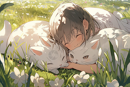 美丽小女孩躺在草地上抱着猫图片