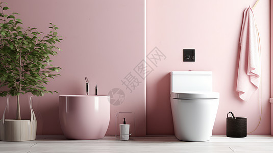 白色马桶粉色墙面的卫生间图片