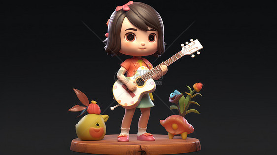 站在树墩上抱着吉他的可爱立体卡通小女孩IP图片