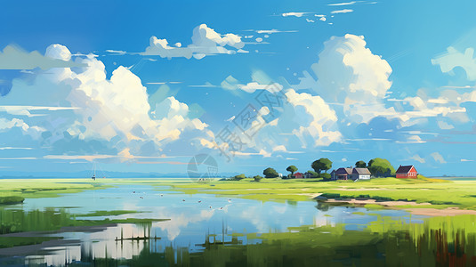 美丽的卡通湖边村庄在蓝天白云下背景图片
