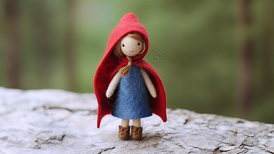 羊毛毡手工卡通女孩站在户外戴红色帽子斗篷图片