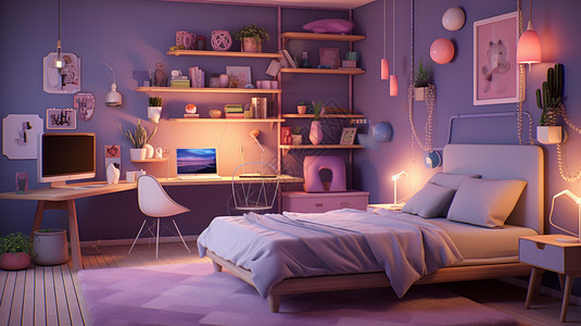 卡通卧室在紫色地垫上一张温馨的大床图片
