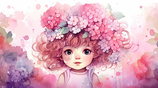 小清新大眼睛卡通女孩头上戴满粉色花朵图片