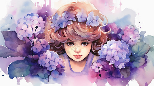 被紫色花朵包围的水彩风卡通女孩图片