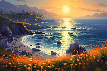 海边日落花朵油画图片