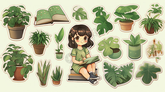 各种植物与坐在书本上可爱卡通女孩贴纸图片