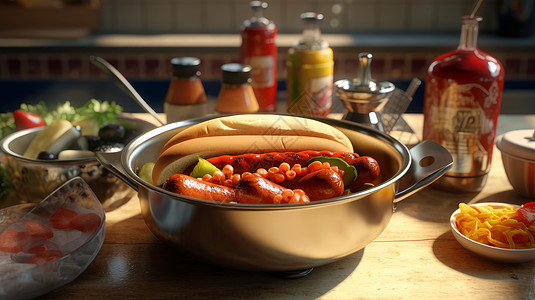 桌子上一盆美味的热狗与食物图片