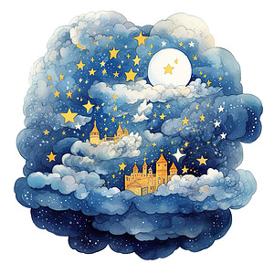 月亮和星星睡在云上可爱梦中插画高清图片