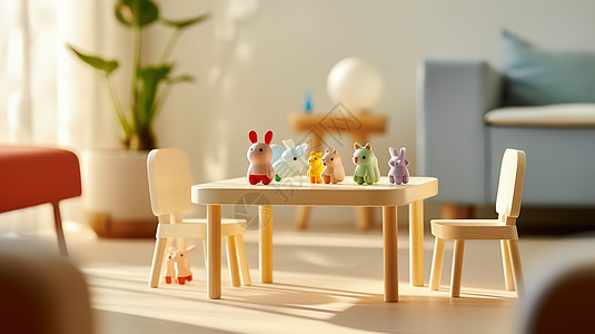 桌子上的儿童玩具明亮光线的客厅图片