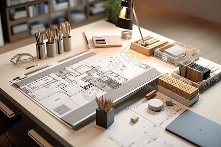 现代白色桌子办公桌上的CAD图纸图片