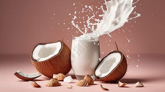 一杯新鲜的椰奶与打开的半个椰子背景图片