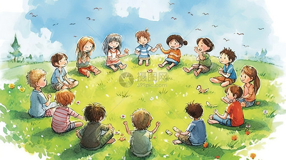 可爱的孩子围成一圈玩游戏插画图片