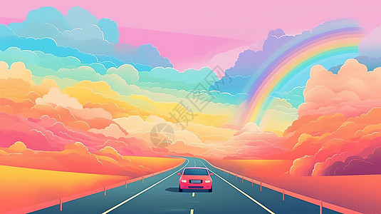 彩虹下山路上可爱的汽车图片