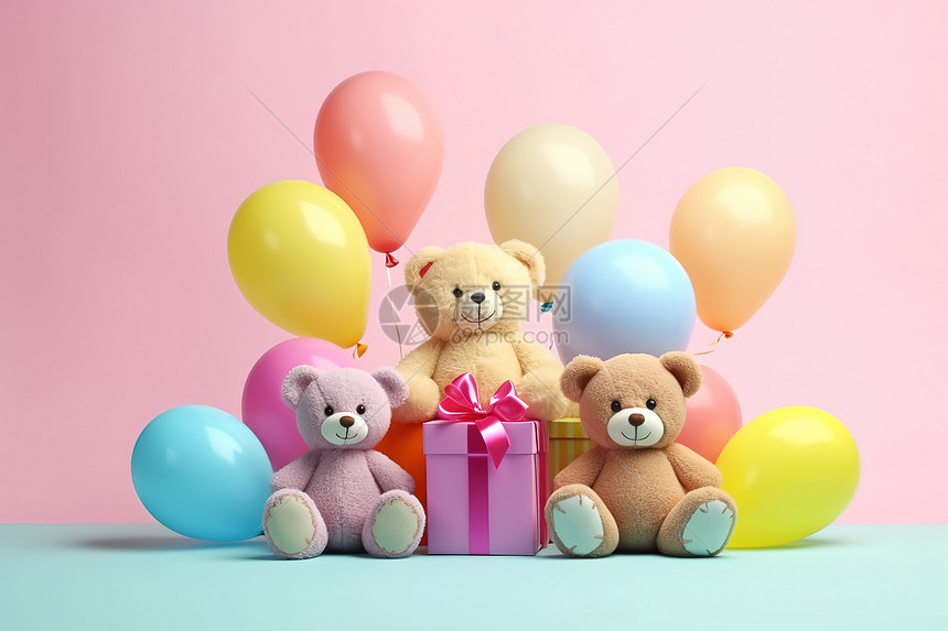 粉色背景儿童玩具泰迪熊气球图片