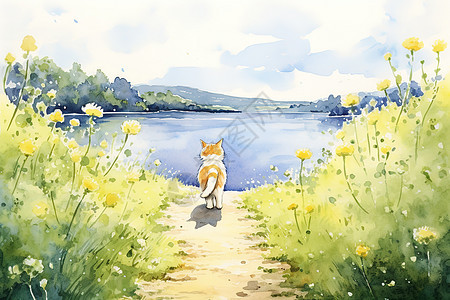 可爱的小猫走向湖边油画图片