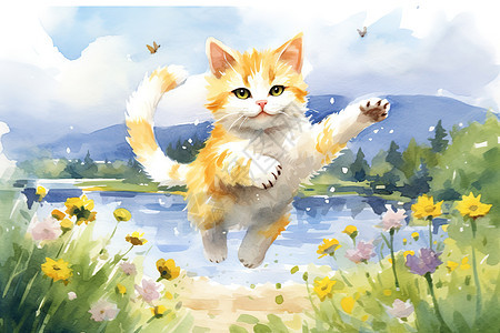 可爱的小猫咪跳跃扑蝴蝶油画图片